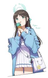 Rule 34 | 1girl, absurdres, airi (band) (blue archive), airi (blue archive), black hair, blue archive, blue jacket, blush, cowboy shot, cropped legs, fingernails, food, green eyes, green halo, halo, highres, holding, holding food, ice cream, jacket, long hair, long sleeves, official alternate costume, open clothes, open jacket, pleated skirt, sha (siasha0104), shirt, simple background, skirt, solo, tongue, tongue out, white background, white shirt, white skirt