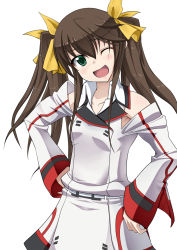 Rule 34 | 10s, 1girl, ao (time-leap), blush, brown hair, fang, female focus, green eyes, hair ribbon, hands on own hips, highres, huang lingyin, infinite stratos, one eye closed, open mouth, ribbon, school uniform, simple background, smile, solo, standing, twintails, uniform, white background, wink