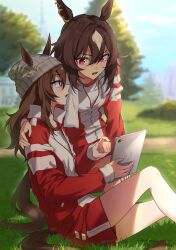 Rule 34 | 2girls, animal ears, arm around shoulder, beanie, blurry, blurry background, breasts, brown hair, commentary, day, ears through headwear, grey hat, gul (parfaitgul), gym uniform, hat, high collar, highres, horse ears, horse girl, horse tail, jacket, kneeling, long hair, looking at another, multiple girls, nakayama festa (umamusume), open clothes, open jacket, open mouth, outdoors, pointing, red eyes, red jacket, red shorts, shirt, short shorts, shorts, sideways mouth, sirius symboli (umamusume), sitting, small breasts, sweat, tablet pc, tail, towel, towel around neck, tree, umamusume, white shirt