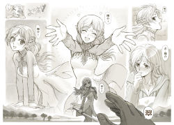 Rule 34 | 1boy, 1girl, absurdres, armor, braid, breasts, cleavage, closed eyes, commentary request, dress, gloves, greyscale, happy, heart, highres, holding, holding weapon, hood, hood down, hoodie, isekai ojisan, jewelry, long hair, long sleeves, looking at viewer, medium breasts, monochrome, multiple views, one eye closed, pointy ears, pov, ring, sand writing, shibazaki yousuke, shoulder armor, smile, speech bubble, stick, sui (isekai ojisan), sword, tenpura 2, translated, tree, weapon