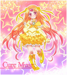 Rule 34 | 10s, 1girl, boots, bow, brooch, character name, choker, circlet, cure muse, cure muse (yellow), dress, frills, gradient background, hair ribbon, heart, highres, jewelry, long hair, magical girl, orange hair, parara kerusu, pink background, precure, purple background, red eyes, ribbon, shirabe ako, solo, star (symbol), starry background, suite precure, yellow dress