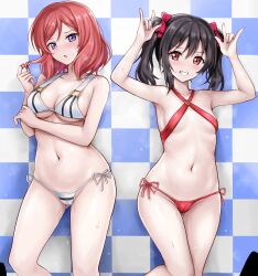 Rule 34 | 2girls, arm under breasts, bare arms, bare shoulders, bikini, black hair, blue background, blush, bow, breasts, breath, cameltoe, checkered background, cleavage, collarbone, cutie panther, double w, flat chest, gluteal fold, grin, hair bow, twirling hair, hand up, highres, looking at viewer, love live!, love live! school idol project, medium breasts, medium hair, micro bikini, multiple girls, navel, nishikino maki, parted lips, playing with own hair, pretzel bikini, purple eyes, r-binon, red bikini, red bow, red eyes, red hair, revision, side-tie bikini bottom, sidelocks, smile, standing, stomach, string bikini, striped bikini, striped clothes, sweat, sweatdrop, swimsuit, thighs, tile wall, tiles, twintails, w, wet, white bikini, yazawa nico