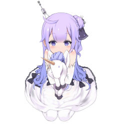 Rule 34 | 1girl, azur lane, bad id, bad pixiv id, collarbone, commentary request, covering own mouth, detached sleeves, dress, from above, hair bun, hair ornament, highres, hugging doll, hugging object, looking at viewer, off-shoulder dress, off shoulder, purple eyes, purple hair, see-through, simple background, single hair bun, sitting, solo, stuffed unicorn, stuffed winged unicorn, takeda yukimura, unicorn (azur lane), wariza, white background, white dress, white legwear