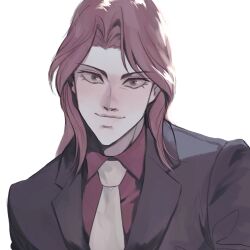 Rule 34 | 1boy, black jacket, blazer, brown hair, closed mouth, collared shirt, commentary request, eyelashes, formal, grey eyes, highres, ichijou seiya, jacket, kaiji, korean commentary, long hair, looking at viewer, male focus, necktie, panespaghetti, parted bangs, red shirt, shirt, simple background, smile, solo, suit, upper body, white background, white necktie