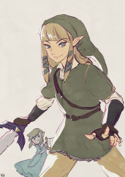 Rule 34 | 1boy, 1girl, blonde hair, blue eyes, blunt bangs, closed mouth, cosplay, costume switch, crossdressing, dress, fantasy, green tunic, highres, holding, holding sword, holding weapon, link, link (cosplay), long hair, looking at viewer, nintendo, pointy ears, princess zelda, princess zelda (cosplay), sketch, smile, sword, the legend of zelda, the legend of zelda: skyward sword, triforce, tunic, weapon, wide sleeves