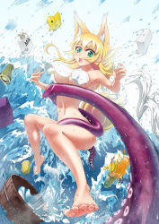 Rule 34 | 1girl, animal ears, barefoot, blonde hair, bucket, censored, convenient censoring, feet, foreshortening, fox ears, fox tail, glycyrrhizae, green eyes, long hair, nude, open mouth, original, rubber duck, solo, tail, tentacles, toes, towel, water