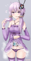 Rule 34 | 1girl, absurdres, android, barcode, blush, bow, bow panties, breasts, clothes lift, damaged, dress, hair ornament, headset, highres, holding, holding own hair, joints, looking at viewer, mechanical parts, medium breasts, open mouth, panties, purple dress, purple eyes, purple hair, purple panties, purple sleeves, rasen manga, robot girl, robot joints, simple background, skirt, skirt lift, thighs, underwear, usb, voiceroid, wire, yuzuki yukari