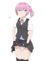 Rule 34 | 1girl, absurdres, bike shorts, bike shorts pull, black gloves, black skirt, black vest, blue eyes, clothes lift, clothes pull, collared shirt, cowboy shot, dress shirt, fingerless gloves, gloves, highres, kantai collection, lifted by self, minoa 11touhei, neck ribbon, panties, pink hair, pleated skirt, ponytail, red ribbon, ribbon, school uniform, shiranui (kancolle), shiranui kai ni (kancolle), shirt, short hair, shorts, shorts pull, simple background, skirt, skirt lift, solo, standing, underwear, vest, white background, white panties, white shirt