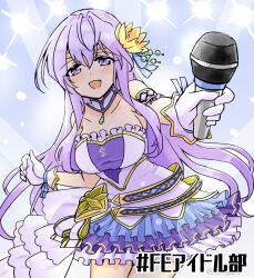 Rule 34 | 1girl, :d, alternate costume, bare shoulders, breasts, circlet, dress, fire emblem, fire emblem: genealogy of the holy war, gloves, hair ornament, holding, holding microphone, idol, julia (fire emblem), large breasts, long hair, microphone, nintendo, open mouth, purple eyes, purple hair, short dress, simple background, smile, solo, thighs, yukia (firstaid0)