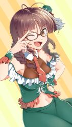 Rule 34 | 1girl, ahoge, akizuki ritsuko, antenna hair, armpits, bare shoulders, braid, breasts, brown eyes, brown hair, cleavage, collarbone, cropped shirt, detached collar, unworn eyewear, frilled shirt, frills, glasses, green shirt, green skirt, hadaka megane, hand on own hip, hat, hat ornament, highres, holding, holding removed eyewear, idolmaster, idolmaster (classic), idolmaster million live!, idolmaster million live! theater days, large breasts, midriff, mini hat, navel, necktie, one eye closed, open mouth, red necktie, scrunchie, shirt, short hair, skirt, smile, solo, striped, striped background, twin braids, yellow background