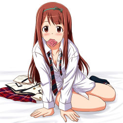 Rule 34 | 1girl, arm support, bed sheet, black necktie, black socks, blush, bra, breasts, brown eyes, brown hair, cleavage, closed mouth, commentary, condom, condom in mouth, condom wrapper, double horizontal stripe, green hairband, hairband, idolmaster, idolmaster million live!, jacket, unworn jacket, leaning forward, lielos, long hair, looking at viewer, medium breasts, miniskirt, mouth hold, necktie, no pants, on bed, panties, pink bra, pink panties, plaid, plaid skirt, pleated skirt, red necktie, red skirt, school uniform, sitting, skirt, unworn skirt, socks, solo, tanaka kotoha, underwear, white background, yokozuwari