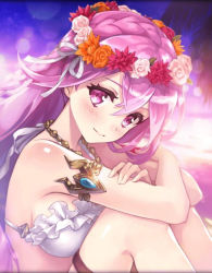 Rule 34 | 1girl, arms on knees, artist request, bikini, blush, braid, breasts, hair ornament, head wreath, jewelry, long hair, medium breasts, necklace, official art, palm tree, phantom of the kill, pink eyes, pink hair, smile, swimsuit, thigh strap, tree, tyrfing (phantom of the kill), very long hair, white bikini