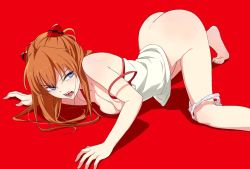 Rule 34 | 1girl, all fours, ass, barefoot, blue eyes, breast press, breasts, butt crack, feet, highres, jpeg artifacts, long hair, mebae, neon genesis evangelion, off shoulder, open mouth, orange hair, panties, panties around leg, red background, red theme, saliva, simple background, small breasts, solo, souryuu asuka langley, strap slip, tank top, toes, top-down bottom-up, underwear
