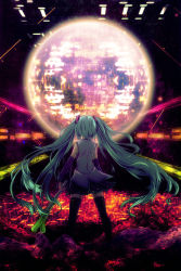 Rule 34 | 1girl, detached sleeves, female focus, from behind, green hair, hatsune miku, long hair, skirt, solo, spring onion, tanashi (mk2), thighhighs, twintails, very long hair, vocaloid
