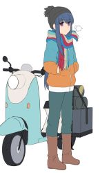 Rule 34 | 1girl, ankle boots, beanie, black headwear, blue hair, boots, breath, brown footwear, closed mouth, coat, green pants, hair down, hands in pockets, hat, jitome, long hair, looking at viewer, motor vehicle, pants, purple eyes, scooter, shima rin, shiseki hirame, simple background, standing, very long hair, white background, winter clothes, winter coat, yurucamp