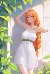 Rule 34 | 1girl, arm up, armpits, belt, braid, braided ponytail, breasts, closed mouth, commentary, dress, green belt, green eyes, highres, looking at viewer, medium breasts, orange hair, original, plant, shchrit, sleeveless, sleeveless dress, smile, solo, standing, white dress