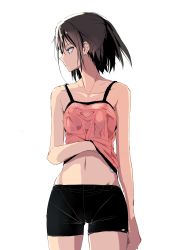 Rule 34 | 1girl, absurdres, black shorts, breasts, brown eyes, brown hair, closed mouth, hand under clothes, highres, kantai collection, medium breasts, navel, orange tank top, profile, sendai (kancolle), short hair, short shorts, shorts, simple background, solo, t.k.o, tank top, white background