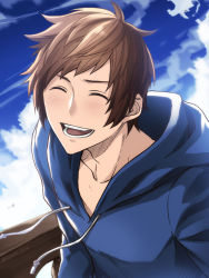 Rule 34 | 10s, 1boy, :d, blush, brown hair, cloud, day, closed eyes, fighter (granblue fantasy), gran (granblue fantasy), granblue fantasy, highres, hood, hoodie, male focus, nakamura hiro (nobody10ch), open mouth, sky, smile, solo, twitter username, upper body