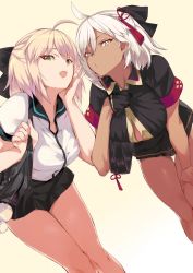 Rule 34 | 2girls, :o, ahoge, alternate costume, arm support, bag, bare legs, black skirt, blonde hair, bow, breasts, commentary request, dark-skinned female, dark skin, fate/grand order, fate (series), fingernails, green eyes, grey eyes, hair between eyes, hair bow, hair ornament, hand on own cheek, hand on own face, hand on own hip, hanging breasts, head tilt, highres, holding, holding bag, large breasts, leaning forward, legs, looking at viewer, medium breasts, miniskirt, multiple girls, ohland, okita souji (fate), okita souji (koha-ace), okita souji alter (fate), okita souji alter (first ascension) (fate), open mouth, school bag, school uniform, short hair, simple background, skirt, smile, standing, tassel, thigh gap, thighs, uniform, white background, white hair