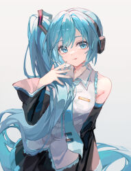 Rule 34 | 1girl, alternate hairstyle, aqua eyes, aqua hair, aqua nails, aqua necktie, aqua trim, arm at side, bare shoulders, black headphones, black skirt, black sleeves, closed mouth, collared shirt, commentary request, detached sleeves, frilled shirt, frills, grey background, grey shirt, hair between eyes, hair ornament, hand up, hatsune miku, hatsune miku (noodle stopper), headphones, high side ponytail, highres, light smile, lixiang guo alice, long hair, long sleeves, looking at viewer, miniskirt, nail polish, necktie, pleated skirt, shirt, side ponytail, sidelocks, simple background, skirt, sleeveless, sleeveless shirt, solo, tongue, tongue out, very long hair, vocaloid