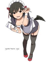 Rule 34 | 1girl, alternate costume, apron, bent over, bird wings, black hair, black thighhighs, black wings, blush, bow, breasts, character name, cleavage, enmaided, frills, full body, garter straps, hair ornament, kunreishiki, looking at viewer, maid, maid apron, maid headdress, open mouth, pointy ears, puffy sleeves, red eyes, ribbon, romaji text, shameimaru aya, short hair, short sleeves, simple background, small breasts, smile, solo, thighhighs, touhou, toujou (toujou ramen), vest, waist apron, white background, wings, wrist cuffs, zettai ryouiki