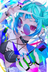Rule 34 | 1girl, aqua hair, blush, bracelet, breasts, double bun, earrings, goma irasuto, hair bun, highres, holding, holding phone, jewelry, long hair, looking at viewer, open mouth, original, phone, pink eyes, ring, signature, simple background, smile, solo, sunglasses