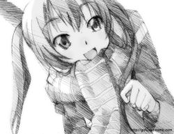 Rule 34 | 00s, 1girl, :d, black theme, gofu, greyscale, happy, k-on!, monochrome, nakano azusa, open mouth, scarf, sketch, smile, solo, traditional media, twintails