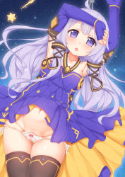 Rule 34 | 1girl, :o, ahoge, arms up, azur lane, bow, bow panties, brown thighhighs, cameltoe, cleft of venus, collarbone, commentary request, dress, highres, light purple hair, long hair, looking at viewer, lowleg, lowleg panties, navel, panties, purple dress, purple eyes, side-tie panties, skindentation, solo, star (symbol), starry background, tachimi (basue), thigh gap, thighhighs, underwear, unicorn (azur lane), unicorn (little star songstress) (azur lane), vocaloid, white panties