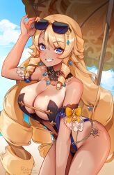 Rule 34 | 1girl, bare shoulders, beach, beach umbrella, belly chain, black one-piece swimsuit, blonde hair, blue eyes, blue sky, blush, breasts, cleavage, detached collar, drill hair, drill sidelocks, earrings, eyewear on head, foxyreine, genshin impact, grin, highleg, highleg swimsuit, highres, jewelry, large breasts, long hair, looking at viewer, navia (genshin impact), necklace, one-piece swimsuit, sidelocks, sky, smile, solo, sunglasses, swimsuit, tan, tanline, thighs, umbrella, vision (genshin impact)