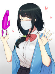 Rule 34 | 10s, 1girl, black hair, blanket, blouse, blue eyes, blush, bow, bowtie, collared shirt, commentary request, dildo, dress shirt, fingernails, gradient background, gridman universe, hair over shoulder, hassu, heart, heart-shaped pupils, highres, holding, holding sex toy, long fingernails, long hair, looking at viewer, mask, mouth mask, nori gorou, pocket, school uniform, scrunchie, sex toy, shirt, simple background, solo, ssss.gridman, surgical mask, symbol-shaped pupils, upper body, vibrator, waving, white background, white shirt