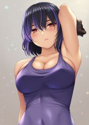Rule 34 | 1girl, :&lt;, arm at side, arm up, armpits, bare shoulders, black gloves, blush, breasts, bursting breasts, cleavage, closed mouth, collarbone, competition swimsuit, covered erect nipples, covered navel, gloves, god eater, gradient background, grey background, hair between eyes, highres, kisaragi sera, large breasts, light particles, looking at viewer, one-piece swimsuit, pink lips, purple hair, purple one-piece swimsuit, red eyes, short hair, solo, swimsuit, upper body, watanuki kaname