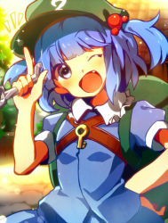 Rule 34 | 1girl, backpack, bag, blue eyes, blue hair, blush, dress, fang, hair bobbles, hair ornament, hand up, happy, hat, k.ei, kawashiro nitori, key, looking at viewer, matching hair/eyes, one eye closed, open mouth, puffy short sleeves, puffy sleeves, shirt, short hair, short sleeves, short twintails, skirt, skirt set, smile, solo, touhou, twintails, two side up, wrench
