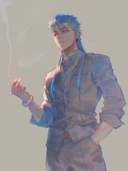 Rule 34 | 1boy, blue hair, bracelet, buttons, closed mouth, collared shirt, cu chulainn (caster) (fate), cu chulainn (caster) (formal dress) (fate), cu chulainn (fate), earrings, fate/grand order, fate (series), hand in pocket, hikaru (asteriskring), jewelry, long hair, looking at viewer, male focus, multiple earrings, official alternate costume, red eyes, shirt, simple background, sleeves rolled up, smile, solo, spiked hair, vest