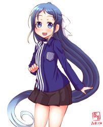 Rule 34 | 1girl, alternate costume, black skirt, blue eyes, blue hair, commentary request, dated, employee uniform, gradient hair, hair ribbon, highres, kanon (kurogane knights), kantai collection, logo, long hair, looking at viewer, multicolored hair, pleated skirt, ribbon, samidare (kancolle), shirt, simple background, skirt, smile, solo, striped clothes, striped shirt, swept bangs, uniform, vertical stripes, very long hair, white background, white ribbon