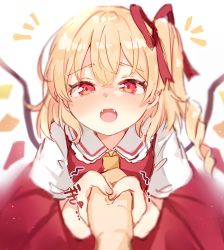 Rule 34 | 1girl, 1other, :d, absurdres, blonde hair, bloom, blurry, blush, crystal, depth of field, dress, fangs, flandre scarlet, highres, hand grab, looking at viewer, no headwear, no headwear, one side up, open mouth, paragasu (parags112), pov, red dress, red eyes, simple background, smile, solo focus, tearing up, touhou, white background, wings