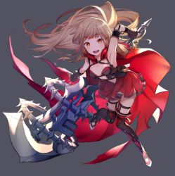 Rule 34 | 1girl, 723 (tobi), :d, artist request, blonde hair, boots, cape, center opening, check artist, grey background, highres, holding, holding weapon, huge weapon, long hair, looking at viewer, mace, navel, open mouth, red riding hood (sinoalice), sinoalice, smile, thigh boots, thighhighs, weapon, wide-eyed, yellow eyes