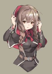 Rule 34 | 1girl, belt, black capelet, black dress, braid, breasts, brown belt, brown eyes, brown hair, capelet, commentary request, cropped torso, dress, grey background, hair ribbon, highres, hood, hooded capelet, kantai collection, large breasts, long hair, long sleeves, minosu, red ribbon, ribbon, shinshuu maru (kancolle), simple background, solo, twin braids