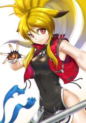 Rule 34 | 1girl, animal ears, black dress, black gloves, blonde hair, breasts, brown eyes, china dress, chinese clothes, dress, fingerless gloves, floating hair, from side, gloves, highres, jacket, kazue, long hair, namco x capcom, open hand, red jacket, small breasts, smile, solo, white background, xiaomu