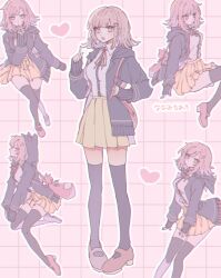 Rule 34 | 1girl, backpack, bag, black thighhighs, blush, breasts, brown hair, closed eyes, collared shirt, danganronpa (series), danganronpa 2: goodbye despair, finger to own chin, flipped hair, full body, galaga, hair ornament, hand up, heart, highres, hood, hood down, hooded jacket, index finger raised, invisible chair, jacket, long sleeves, looking at viewer, medium breasts, medium hair, miniskirt, multiple views, nanami chiaki, neck ribbon, open clothes, open jacket, pink eyes, pink footwear, pleated skirt, ribbon, ru-pe (gstm 0915), shirt, shirt tucked in, sitting, skirt, smile, standing, thighhighs, translation request, white shirt