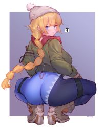 Rule 34 | 1girl, ?, ass, blonde hair, blue eyes, blush, boots, eonsang, full body, girls&#039; frontline, hat, highres, holster, jacket, long hair, long sleeves, looking at viewer, looking back, mole, mole under eye, official alternate costume, red scarf, scarf, solo, spoken question mark, squatting, thigh holster, vhs (girls&#039; frontline), vhs (keeper on page 8) (girls&#039; frontline)