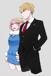 Rule 34 | 1boy, 1girl, :d, alternate costume, ando ruruka, black jacket, black pants, blonde hair, blue shirt, blue skirt, blush, breasts, buttons, collared shirt, couple, cropped legs, danganronpa (series), danganronpa 3 (anime), dress shirt, fur collar, grey background, hand in pocket, happy, hat, hetero, holding hands, izayoi sounosuke, jacket, large breasts, looking at another, necktie, open mouth, outline, pants, pink hair, red eyes, red necktie, shimada (dmisx), shirt, short hair, simple background, skirt, smile, teeth, upper teeth only, white outline, white shirt