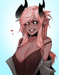 Rule 34 | 1girl, aiko (less), black sclera, blue background, breasts, collarbone, colored sclera, commentary, dark-skinned female, dark skin, demon girl, earrings, english commentary, fangs, grey jacket, grin, highres, horns, jacket, jewelry, large breasts, less, long hair, looking at viewer, off shoulder, original, pink hair, pointy ears, ponytail, sidelocks, simple background, smile, solo, spaghetti strap, strap slip, stud earrings, swept bangs, teeth, upper body, white eyes