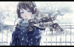 Rule 34 | 1girl, black hair, blue eyes, blush, coat, earmuffs, fence, floating hair, fringe trim, fur trim, half updo, letterboxed, long hair, long sleeves, looking at viewer, mittens, motion blur, nuwanko, original, outdoors, parted lips, plaid, plaid scarf, scarf, snowing, solo, swept bangs, wind, winter, winter clothes