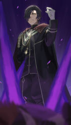 Rule 34 | 1boy, absurdres, black coat, black hair, black jacket, black pants, blurry, blurry foreground, closed mouth, coat, e5nf8v, fire emblem, fire emblem: three houses, fire emblem warriors: three hopes, from below, gloves, green eyes, hair over one eye, highres, hubert von vestra, jacket, long sleeves, looking at viewer, male focus, nintendo, official alternate costume, official alternate hairstyle, pants, purple background, short hair, smile, solo, standing, white gloves