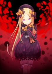 Rule 34 | 1girl, abigail williams (fate), black bow, black dress, black hat, blonde hair, bloomers, bow, bug, butterfly, closed mouth, commentary request, dress, fate/grand order, fate (series), hair bow, hands in opposite sleeves, hat, head tilt, heijialan, hugging object, insect, light smile, long hair, long sleeves, looking at viewer, orange bow, parted bangs, polka dot, polka dot bow, purple eyes, solo, stuffed animal, stuffed toy, teddy bear, underwear, very long hair, white bloomers