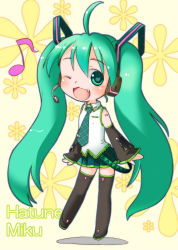 Rule 34 | 1girl, ahoge, blush, chibi, detached sleeves, fang, green eyes, green hair, hatomugi (mamotan), hatsune miku, headphones, headset, heart, heart-shaped pupils, long hair, matching hair/eyes, musical note, necktie, one eye closed, open mouth, quaver, skirt, solo, symbol-shaped pupils, thighhighs, twintails, very long hair, vocaloid, wink