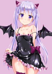 Rule 34 | 1girl, black dress, clothes lift, collarbone, demon girl, dress, dress lift, highres, horns, lifting own clothes, long hair, looking at viewer, naka (cheeseyeast), new game!, purple eyes, purple hair, shiny clothes, simple background, smile, solo, standing, strap slip, suzukaze aoba, wings