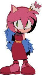 Rule 34 | 1girl, amy rose, animal ears, animal nose, arm behind back, arm behind head, arm up, bare shoulders, bob cut, body fur, cake, candle, digimin, dress, ear covers, embarrassed, feather boa, female focus, flat chest, food, food on head, full body, furry, furry female, green eyes, hairband, half-closed eye, long dress, looking at viewer, nervous smile, non-web source, object on head, official art, open mouth, pink fur, pink hair, red dress, red footwear, red hairband, sash, shoes, short hair, sidelocks, simple background, single ear cover, sleeveless, sleeveless dress, smile, solo, sonic (series), standing, the murder of sonic the hedgehog, transparent background, uneven eyes