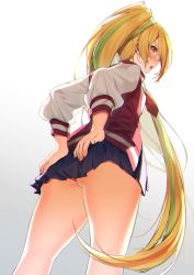 Rule 34 | 10s, 1girl, ass, blonde hair, blush, commentary request, covering ass, covering privates, from below, hair over one eye, high ponytail, highres, itohana, jacket, legs, long hair, looking at viewer, multicolored hair, nikaidou saki, open mouth, pleated skirt, ponytail, red eyes, red jacket, skirt, solo, streaked hair, sweatdrop, very long hair, zombie land saga