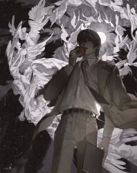 Rule 34 | 1boy, angel, angel wings, backlighting, belt, black belt, bow, bowtie, business suit, collared shirt, commentary, death note, death note (object), eating, food, formal, fruit, hair between eyes, highres, holding, holding food, holding fruit, holding notebook, limited palette, male focus, notebook, on shoulder, pants, qvlv kuzi feichuan, shirt, shirt tucked in, short hair, solo, suit, surreal, white shirt, wings, yagami light